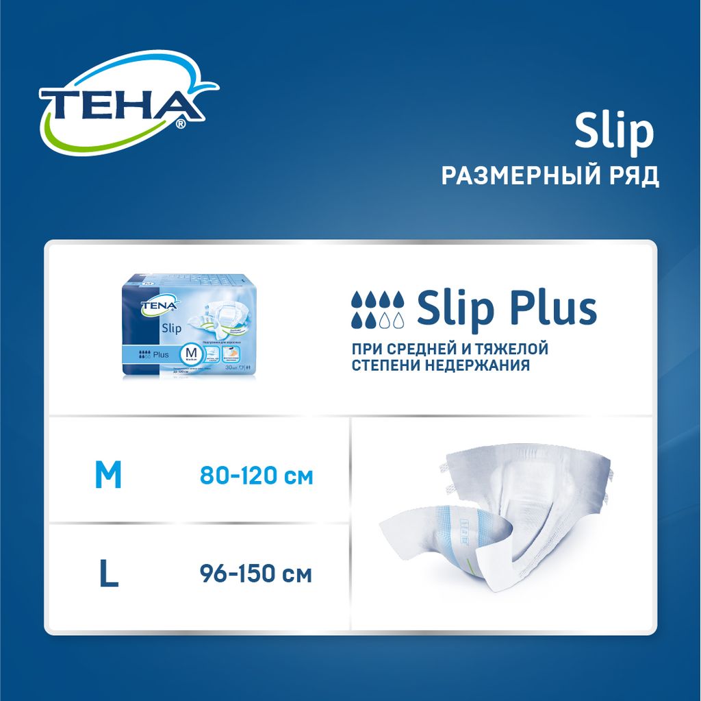 Подгузники для взрослых Tena Slip Plus, Medium M (2), Plus (6 капель), 10 шт.