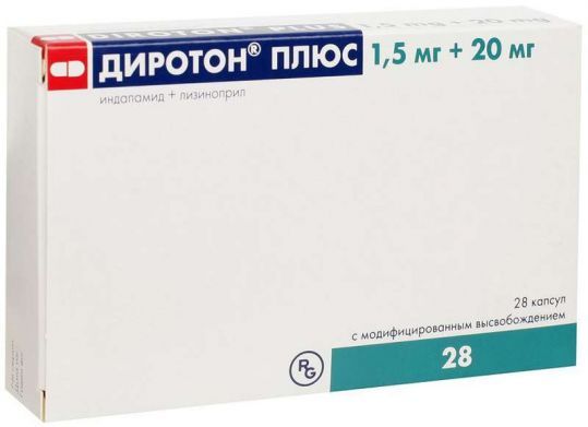 Диротон Плюс, 20 мг+1.5 мг, капсулы с модифицированным высвобождением, 28 шт.