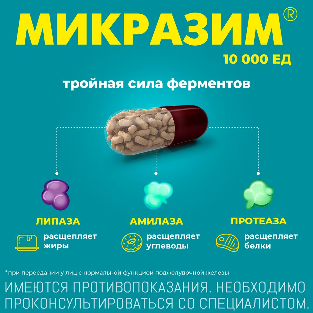 Микразим, 10000 ЕД, капсулы, панкреатин, 20 шт.