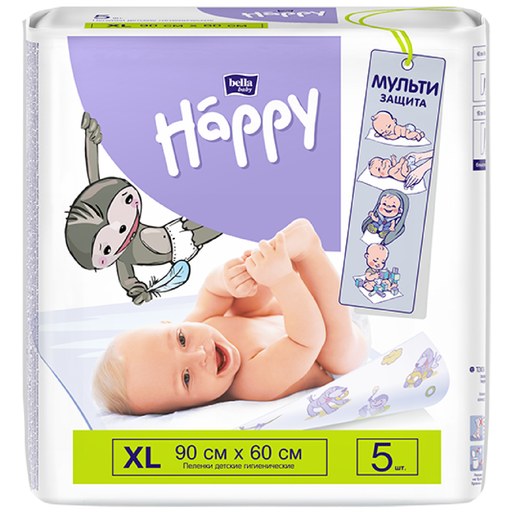 Пеленки детские впитывающие Bella baby Happy, 90 смx60 см, 5 шт.